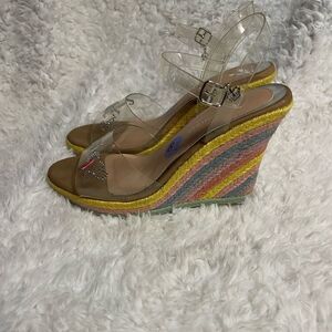 Juicy Couture clear Rhinestones espadrilles rainbow platform wedge sandals SZ8.5